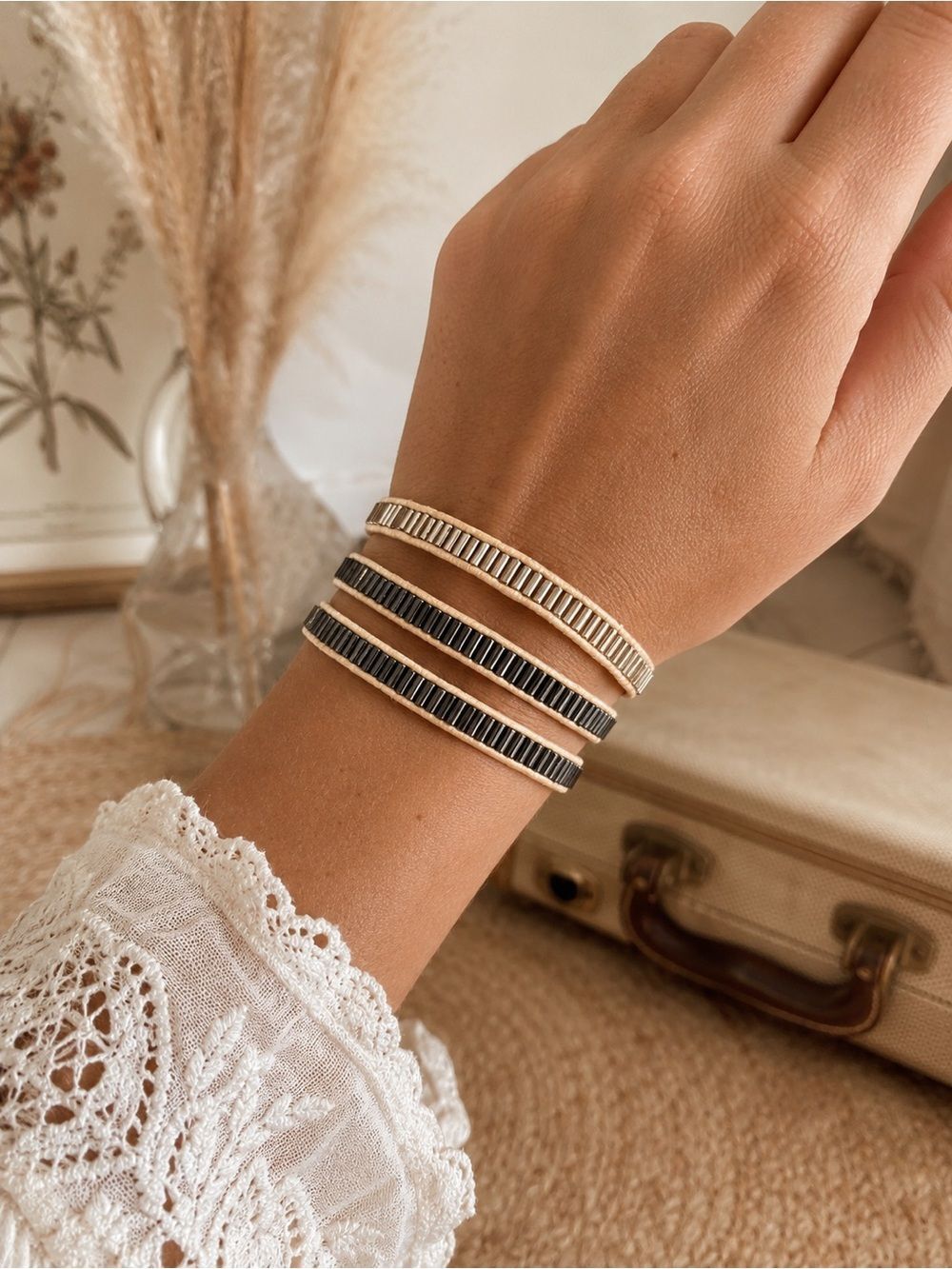 Boho Beaded Wrap Bracelet Stack – Neutral & Black